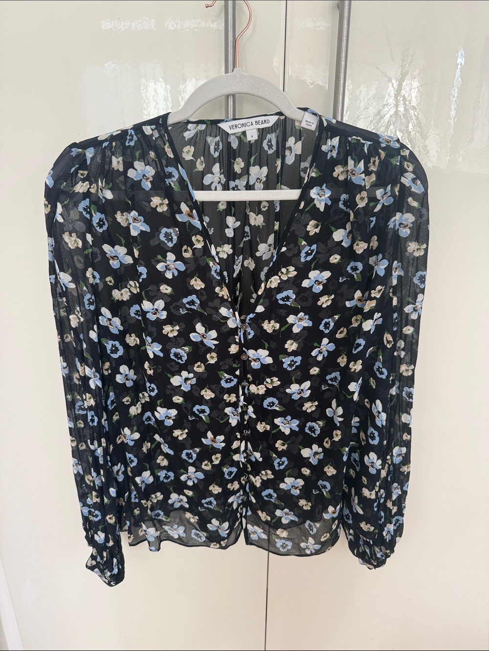 Veronica Beard Black Floral V-Neck Sheer Long-Sleeve Blouse